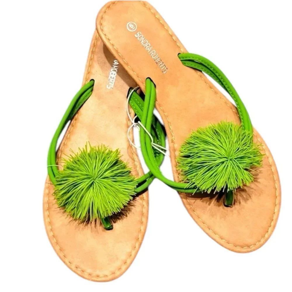 NWT Sondra Roberts Neon Green Sandals with pompom detail Size 6